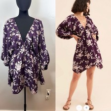 Free People Portia Printed Mini Dress Womens Small Purple Floral Linen Blend NWT