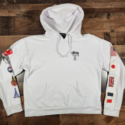 Stussy Hoodie Womens Medium White Sweatshirt World Tour Flags