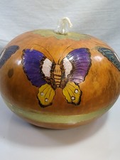 Gourd w/ Butterflies W/ Oil Light Glass Vial Insert Hand Painted Hand Carved