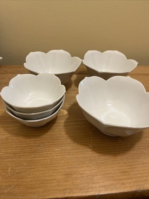 Vintage Japanese Lotus Bowls White 1 Vegetable 2 Rice 3 Dessert 6 Piece