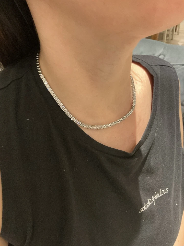 "Collar de tenis de corte redondo de diamantes de laboratorio de 18,58 quilates enchapado en platino 925 16"" pulgadas" Foto 4 de 4