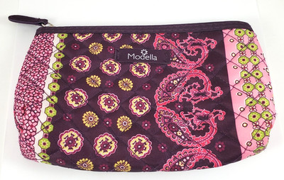 Modella Quilted Cosmetic Bag Plum Paisley Floral Multi-Print Makeup Zipper Pouch