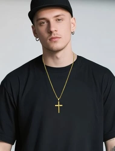  Collar Cruz Hombre Acero Inoxidable 316L Jesús Ankh C: Chapado en Oro Pulido Foto 2 de 4