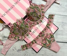 Victoria’s Secret Chalk Rose Embroidery Wicked Unlined Balconette Bra Thong Set