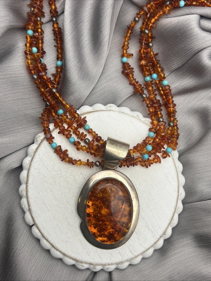 "Collar colgante Jay King plata esterlina turquesa y ámbar 28""" Foto 4 de 4
