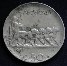 MONETA COIN REGNO ITALIA VITTORIO EMANUELE III° CENTESIMI 50 RIGATO 1921 LEONI 3