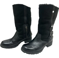 UGG Australia Black Bellevue 1914 Leather Shearling Zip Fold Over Moto Boot Sz 7