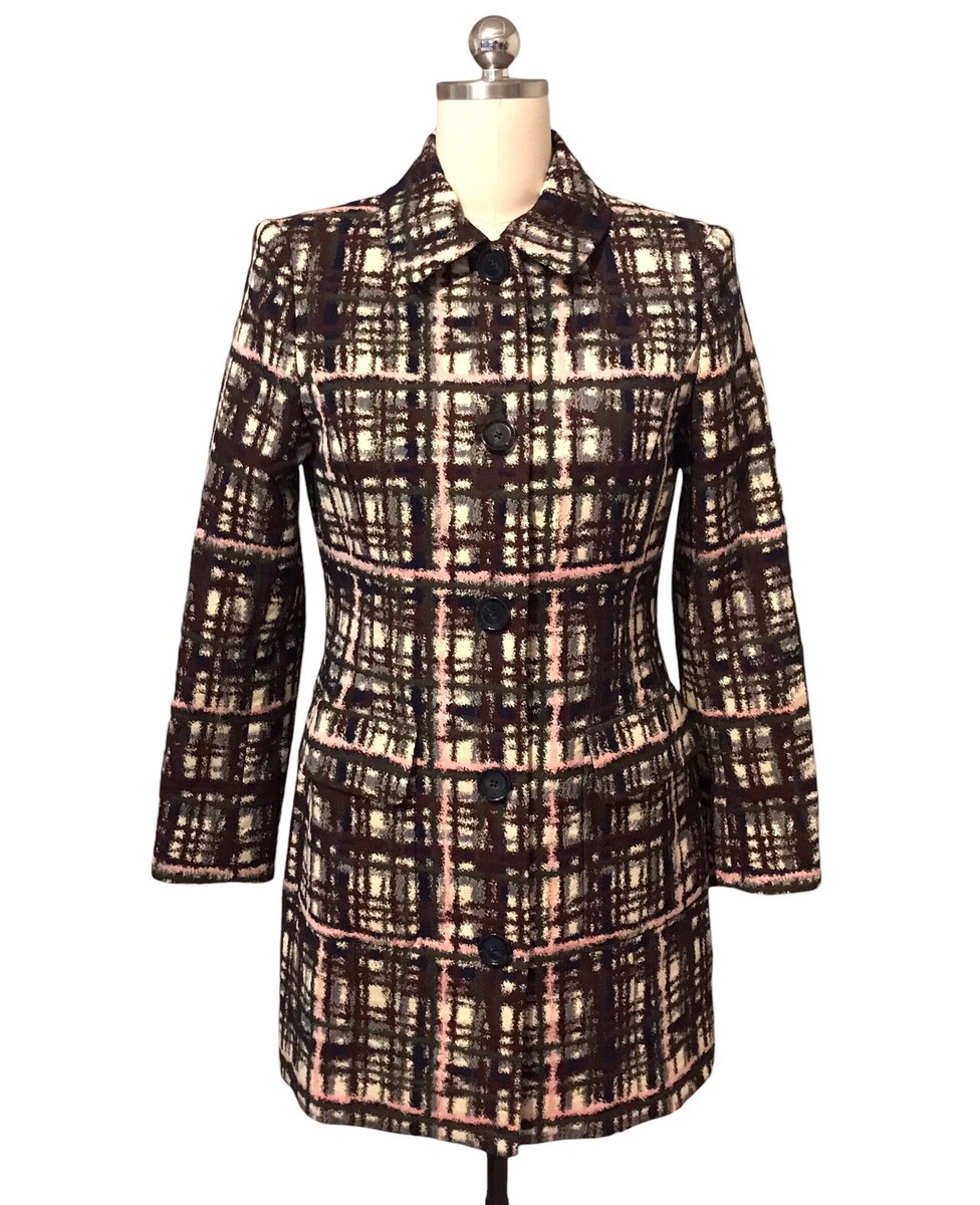 Brooks Brothers Plaid Tweed Print Coat Mid Length MSRP $798 Italy Women’s  Sz