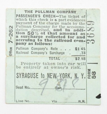 Pullman Co 1921 Railroad Ticket TRAIN Syracuse To NYC RAILROADIANA 