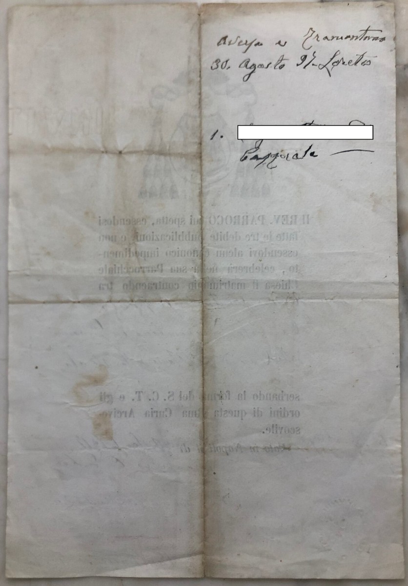 Antico documento celebrazione matrimonio Napoli 1893