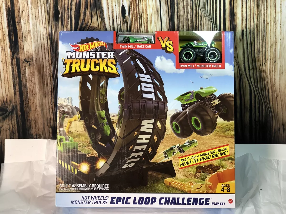 Hot Wheels Monster Trucks Epic Loop Challenge with Twin Mill Truck vs Car  Toy