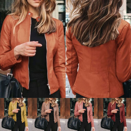 Coat Zipper Outwear Jacket Cardigan Fitted Solid Long Sleeve PU Leather Fashion - Afbeelding 1 van 16