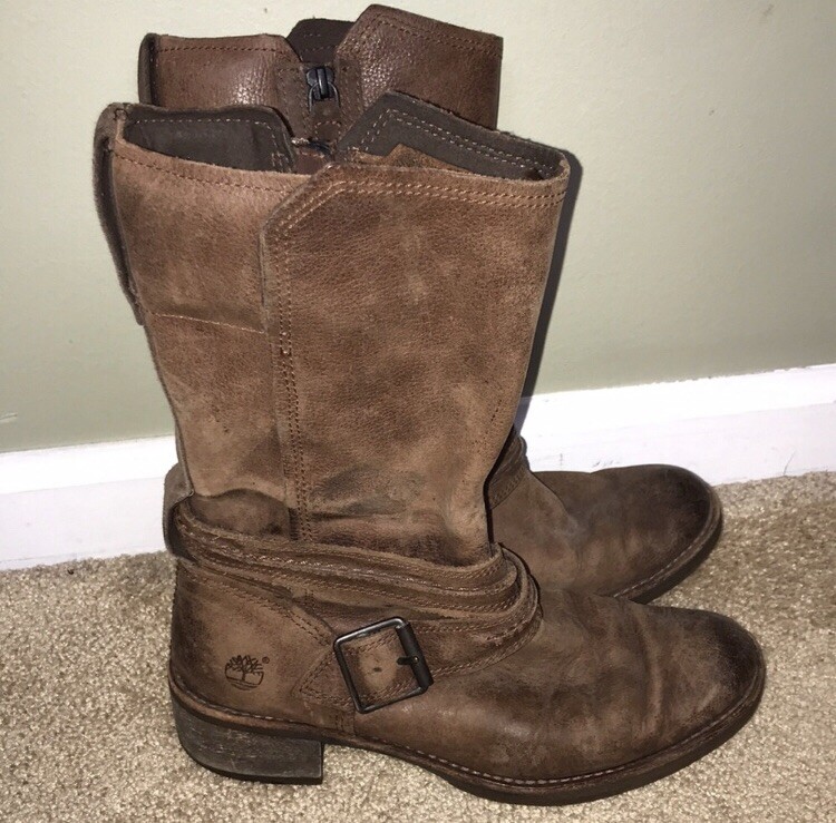 Timberland Women’s Whittmore Brown Leather Mid-Calf Western Buckle Strap  Boots