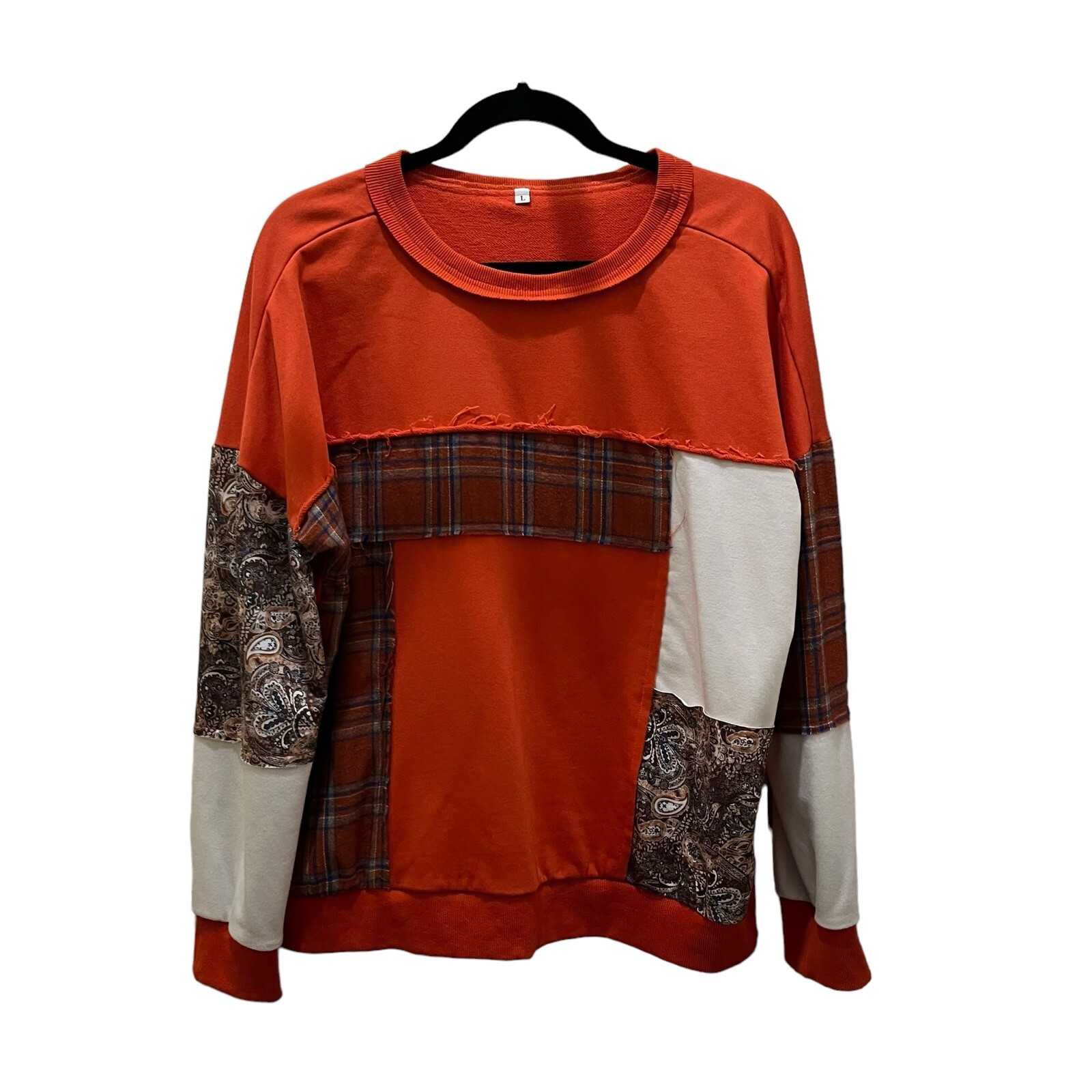 Womens Patchwork Mixed Print Orange Fall Pullover… - image 1