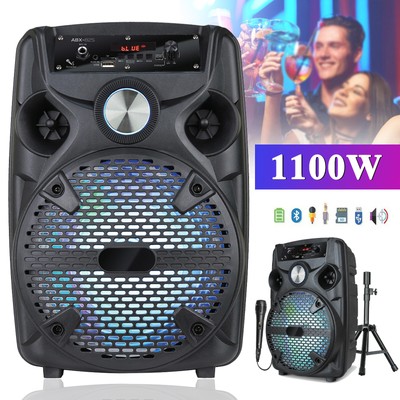 8'' 1100W Portable Bluetooth Speaker Sound System Subwoofer Party w/ Mic & Stand