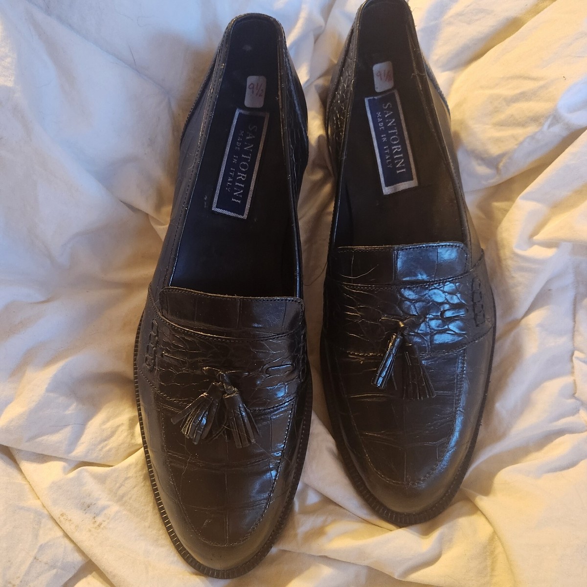 SANTORINI Black Leather Tassle Mens Loafers Sz 9.5 D Made in  display picture 1