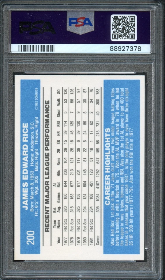 BB - 1982 - Donruss - #200 - Jim Rice - PSA 10 - GEM-MT - Image 2 of 2