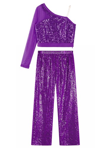 Kids Girls Dance Outfits Sparkly Dancewear Loose Crop Top With Wide-Leg Pants - Picture 40 of 69