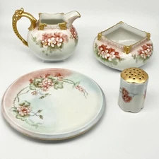 T&V Limoges Creamer & Sugar RS Germany Shaker Wild Roses Gold Initials