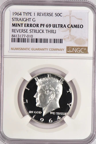 1964 STRAIGHT G Kennedy Half Dollar NGC PF 69 ULTRA CAMEO PR69DCAM Struck Thru