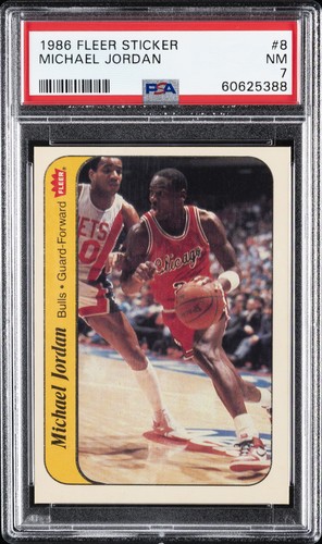 1986 FLEER STICKER #8 MICHAEL JORDAN ROOKIE RC PSA 7