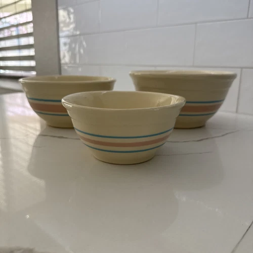 Vintage Set Of 3 McCoy Pottery Pink & Blue Stripes  Nesting Mixing Bowls