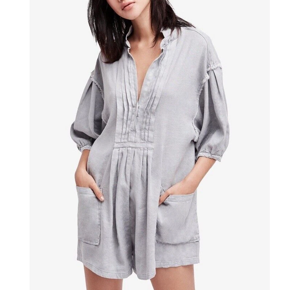 Free People Linen Romper Womens XS Frayed & Pintucked Gray Linen Blend Oversized - Image 2 of 4
