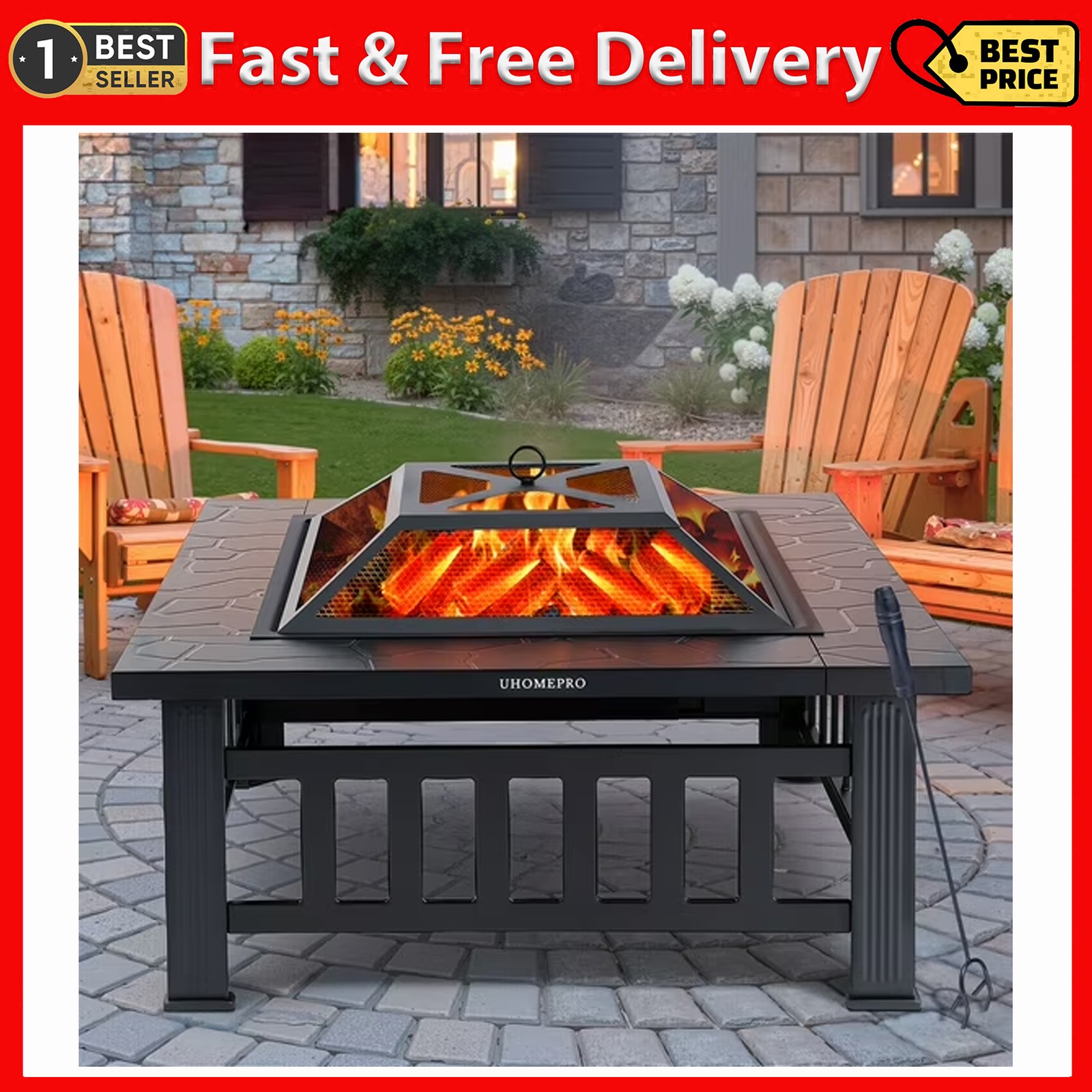 32" Outdoor Wood Burning Fire Pit Table with Accessories, Black