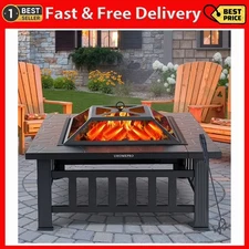 32" Outdoor Wood Burning Fire Pit Table with Accessories, Black
