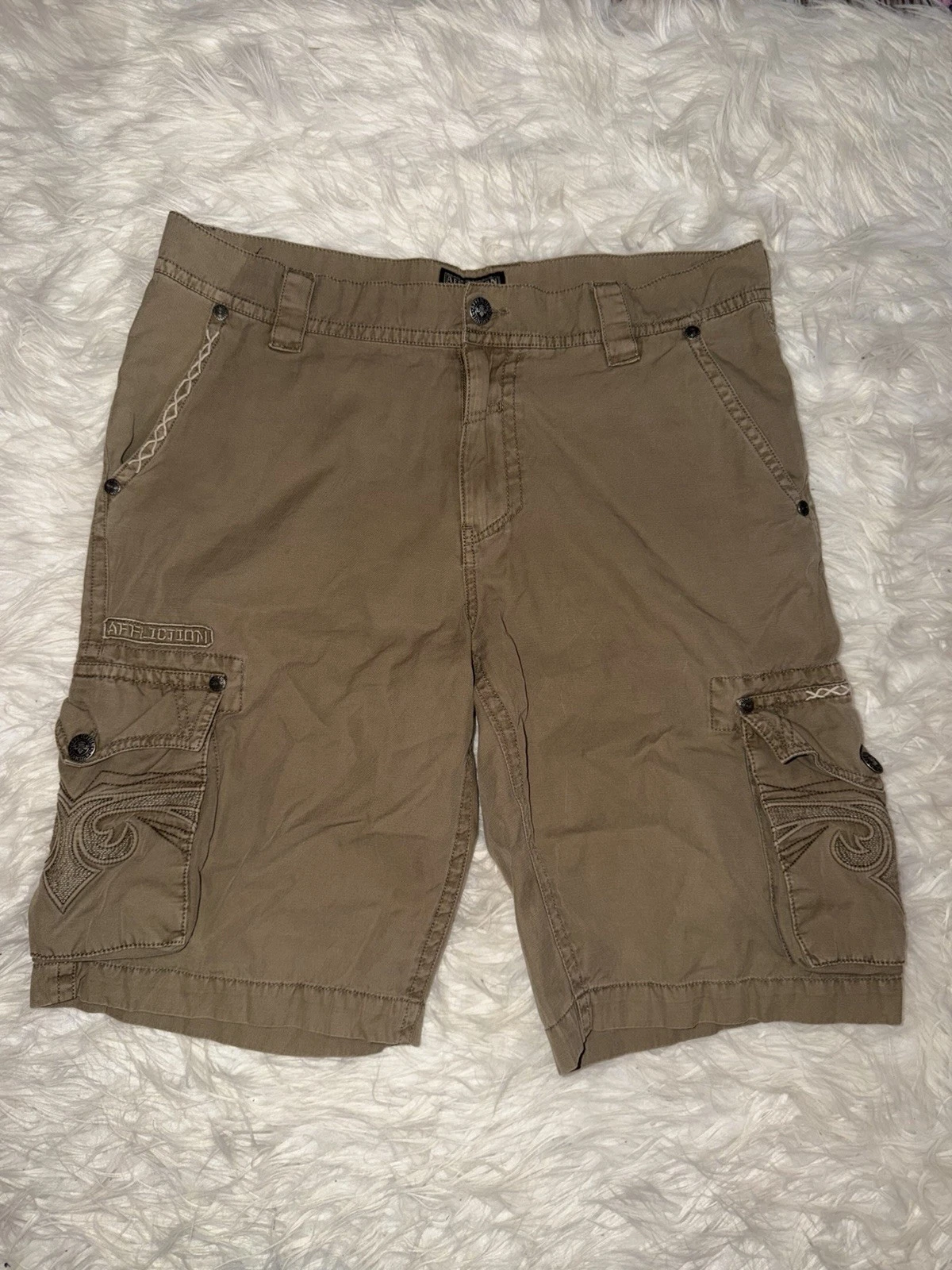 Y2K Affliction Men's Cotton Canvas Cargo Shorts Brown Skull Embroidered Pockets
Opens in a new windo