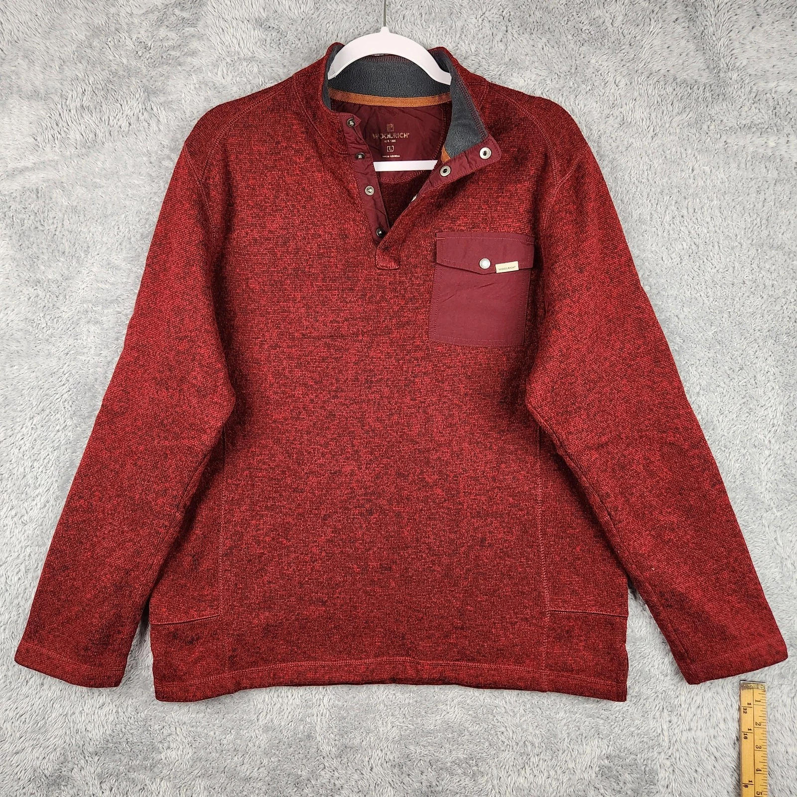 Woolrich Sweater Mens Large Red Henley SnapFleece Pullover Pockets Knit Logo