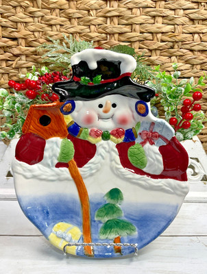 Hand Painted Snowman Plate 10 x8  Ceramic Christmas Winter EUC No Maker Mark