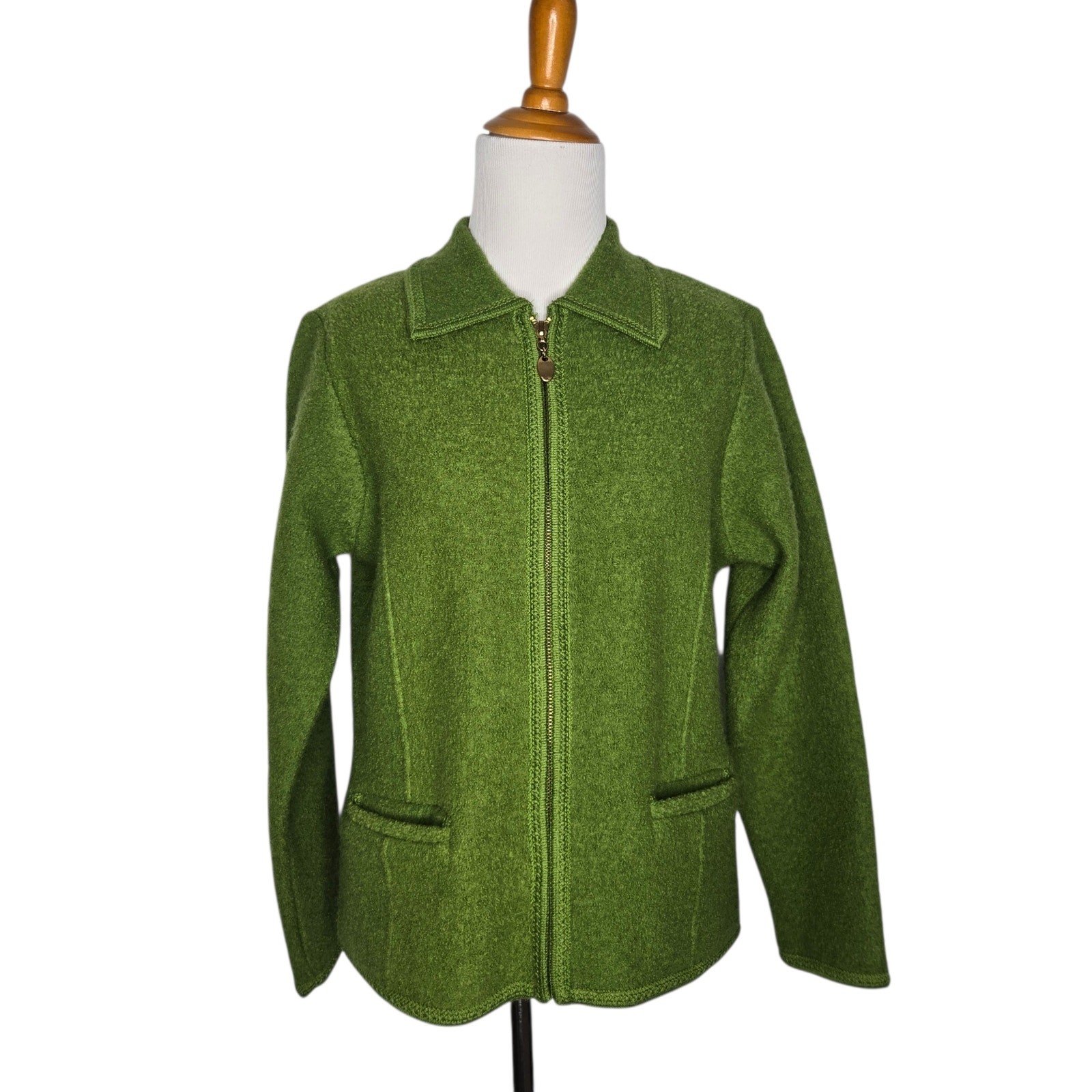 Vintage Boiled Wool Zip Up Jacket Green Holiday Lisa International Women Large