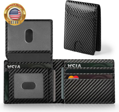 Wallet for Men RFID Blocking Leather Black Wallets Bifold Carbon Fiber Front Poc