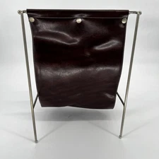 Vintage Mid Century Modern Leather and Iron Jacques Adnet Style Magazine Rack