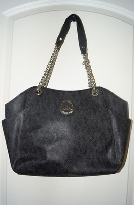 Michael Kors Jet Set Travel Large Black MK Signature Chain Tote Silver Hardware