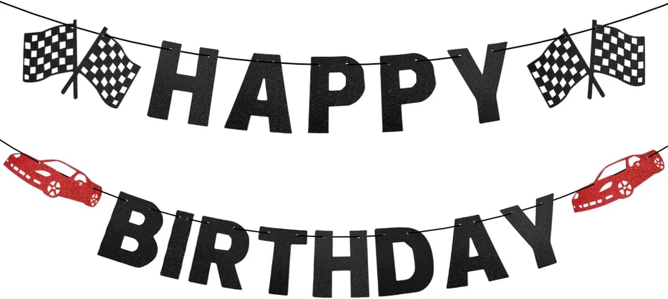 Banner de cumpleaños de coche de carreras - Bandera a cuadros, feliz cumpleaños, blanco y negro -... Foto 3 de 4