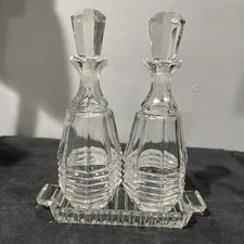 VTG CHECO-SLOVAQUIE CUT CLEAR GLASS Cruet Set w/ Dish & stoppers CZECHOSLOVAKIA