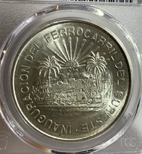 WORLD SILVER COIN: * 1950 MEXICO SOUTHEASTERN RAILROAD 5 PESO PCGS MS64 *