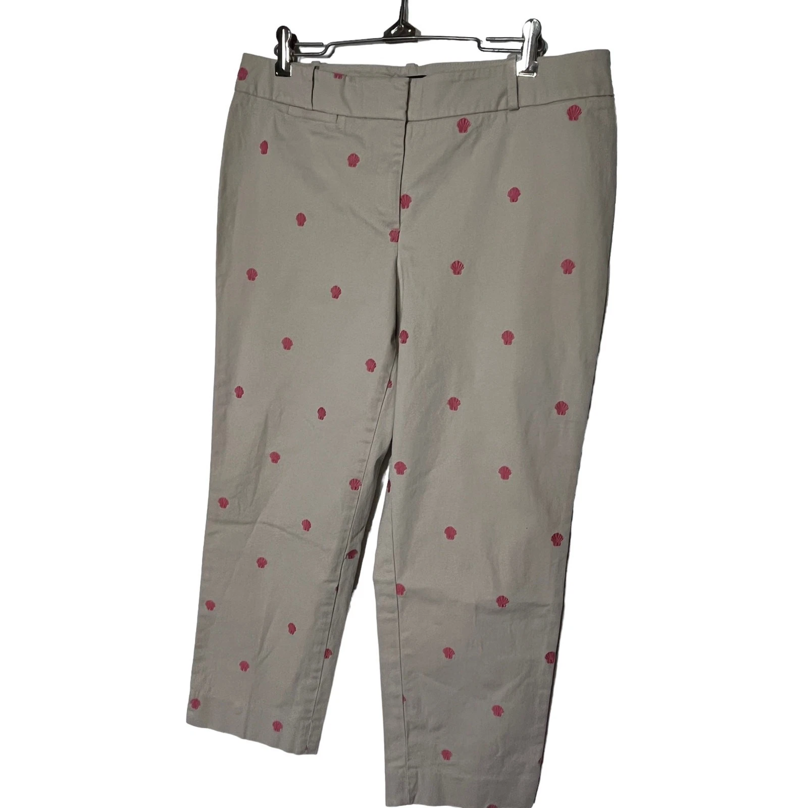 Talbots Signature Capri Cropped Pants Women's Khaki Pink Embroidered Seashell