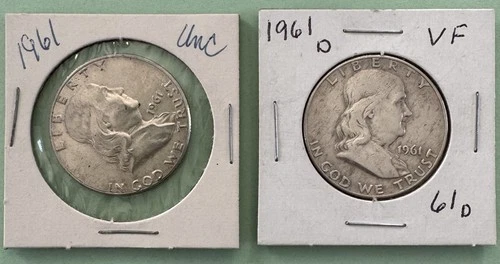 1961 Franklin Half Dollar Denver Unc VF Silver Coins, 0.9 Fineness