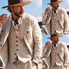Beige Woolen Men's Safari Jackets 3Pcs Men Suits Formal Wedding Groom Tuxedos