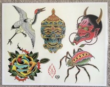 Tattoo Studio Shop Flash Single Sheet Spider Rose Skull Bird 11  X 14  Print