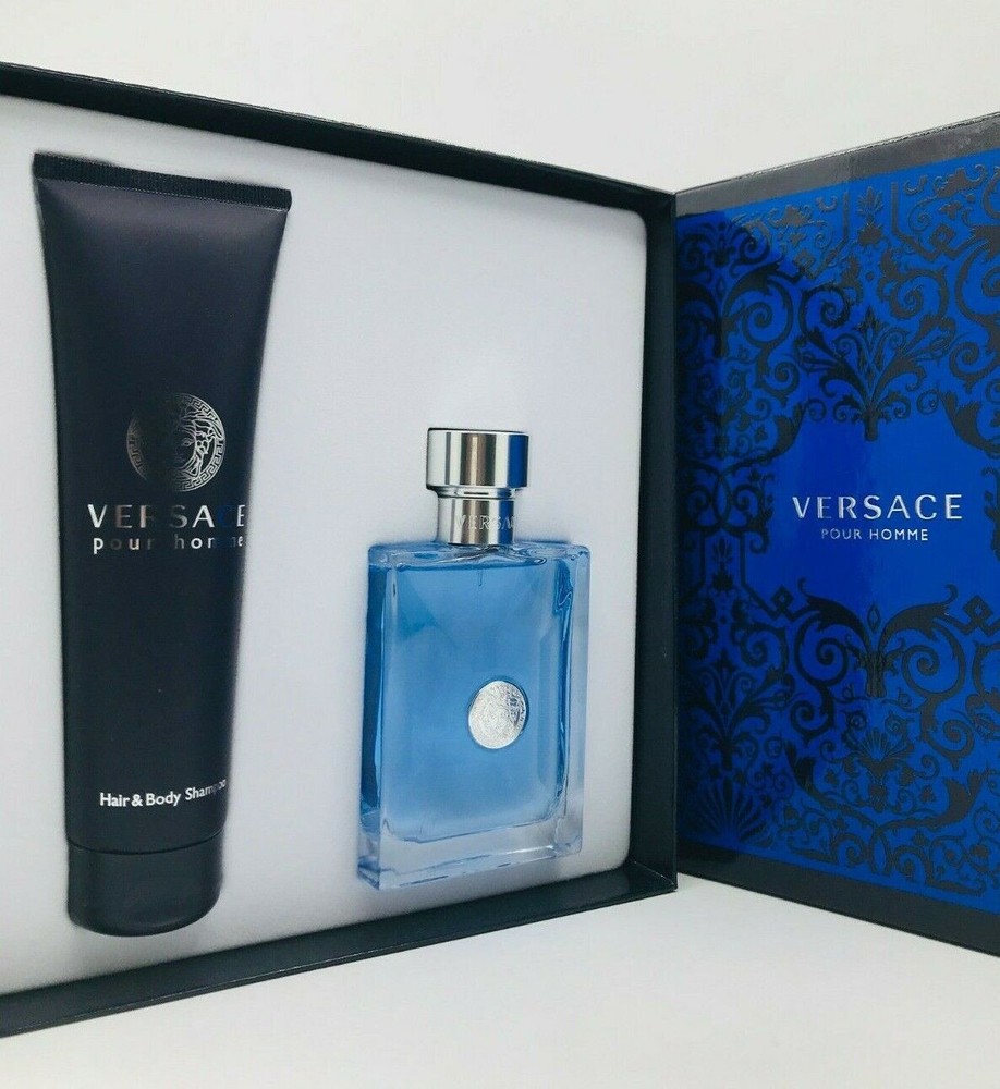 Versace Pour Homme Men 2pc Set Cologne Spray 3.4 oz Hair And Body Shampoo 5.0 oz