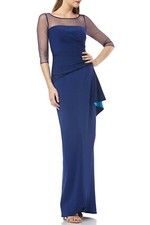 JS COLLECTIONS Navy Turquoise Ruffle Drape Sheer Illusion Stretch Crepe Gown 10
