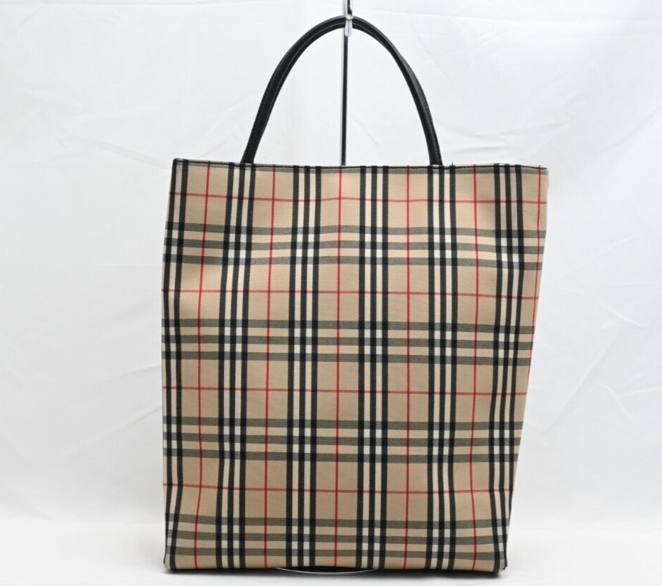 BURBERRY Nova Tote Handbag Beige Black Check Plaid Pattern Canvas Authentic