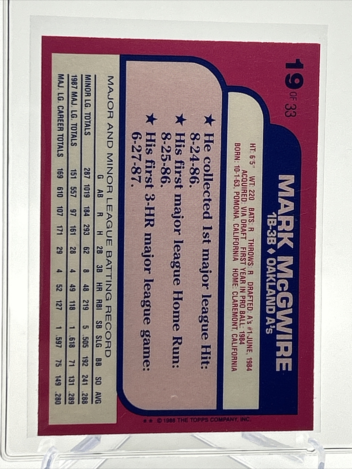 1988 Topps Toys R Us Rookies Mark McGwire Baseball Card #19 NM-MT FREE SHIPPING - Picture 2 of 3