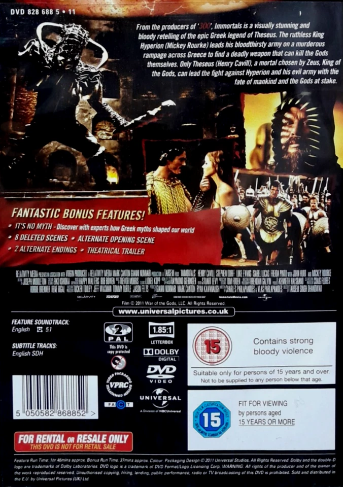 Immortals (DVD-2012, 1-Disc) Region 2. Henry Cavill.  *"Blood, Guts & Glamour!"* - Image 2 of 4