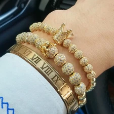 Luxury Men Cubic Zirconia Queen & King Crown Bracelet Roman Numerals Cuff Bangle