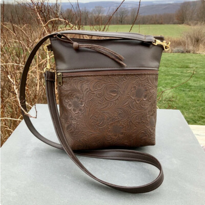 Handmade Black Faux Leather Crossbody HandBag Vegan Eco Chocolate Brown Shoulder